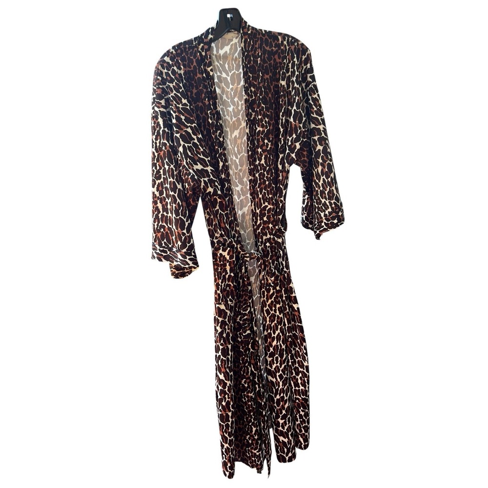 Leopard Print Maxi Robe Women L Long Duster Kimono Belted Pockets Loungewear